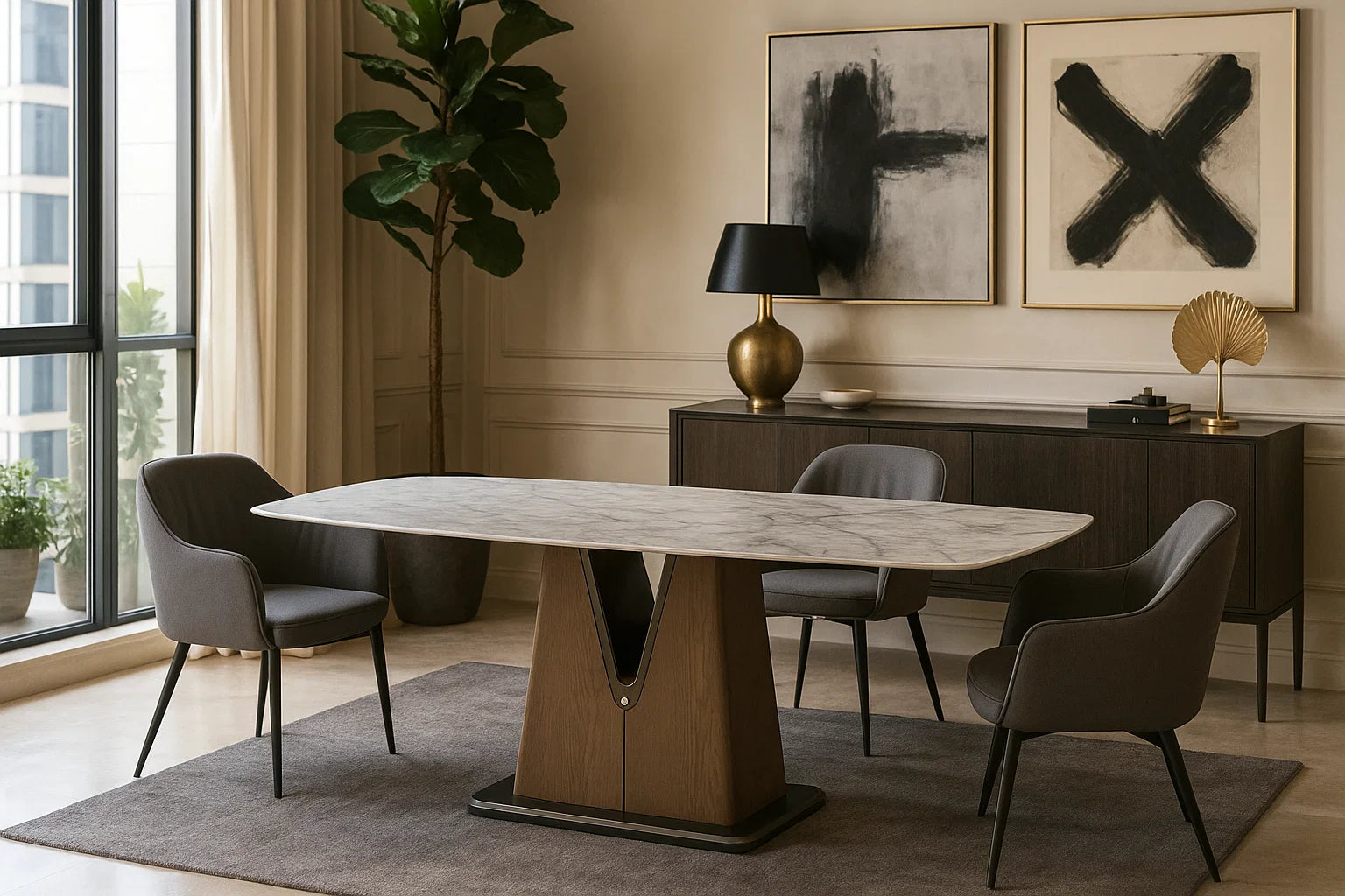 Luxury marble dining table with sculptural V-shaped wooden base in a modern dining room setting
