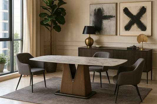 Luxury marble dining table with sculptural V-shaped wooden base in a modern dining room setting