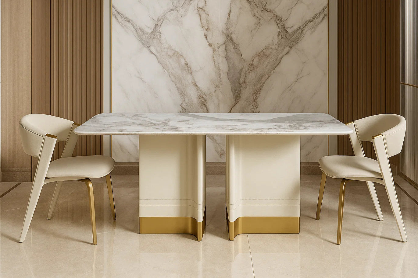 Dining set with marble table and chairs in a modern interior setting