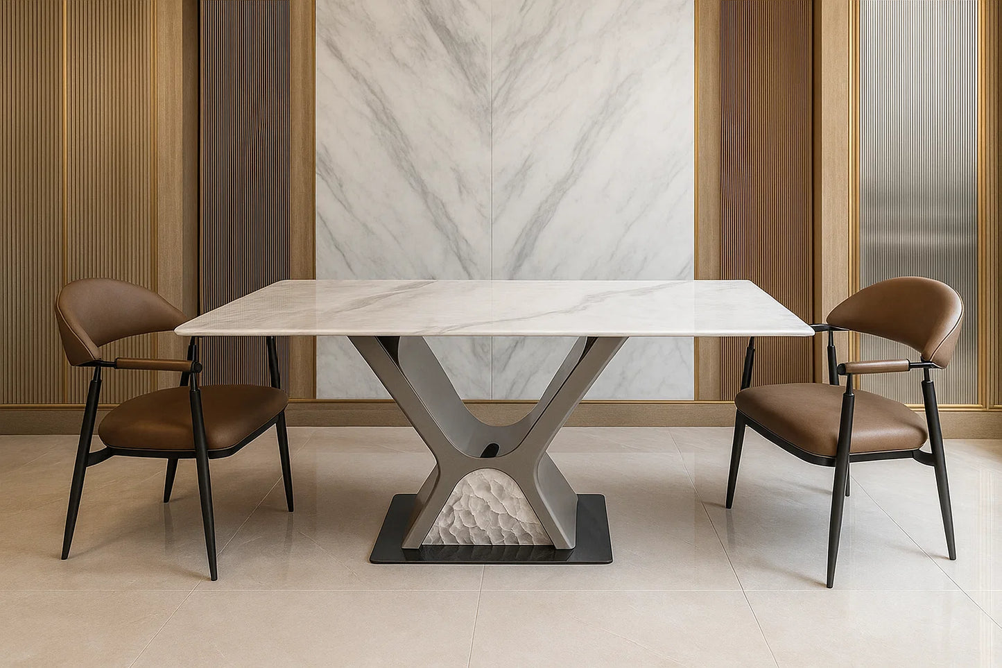Luxury marble dining table with X-shaped base and tan leather chairs in modern interior
