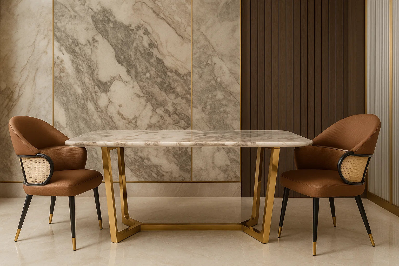 Dining table with marble top and gold legs, accompanied by two brown chairs in a room with marble wall and dark curtains.