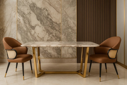 Dining table with marble top and gold legs, accompanied by two brown chairs in a room with marble wall and dark curtains.