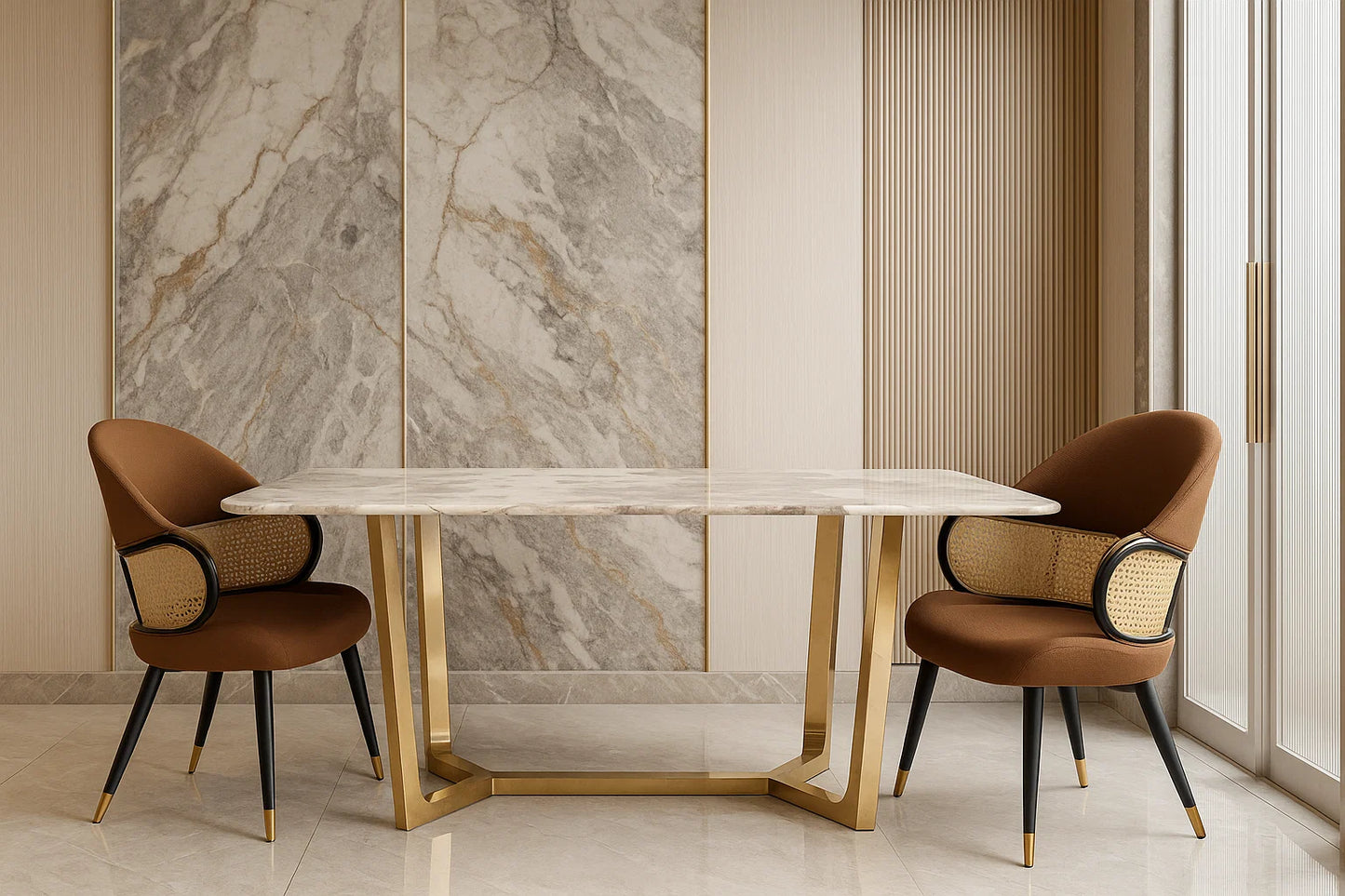 Dining table with two chairs in a stylish room with marble wall.