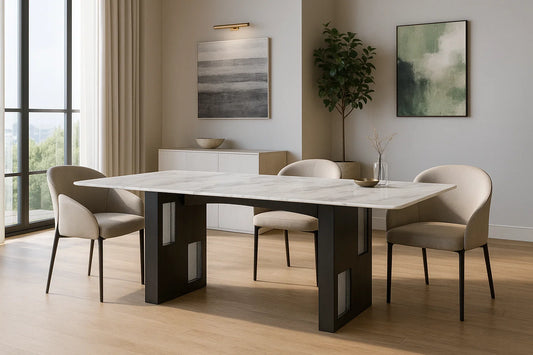 Luxury marble dining table with black twin-pillar base in modern interior.