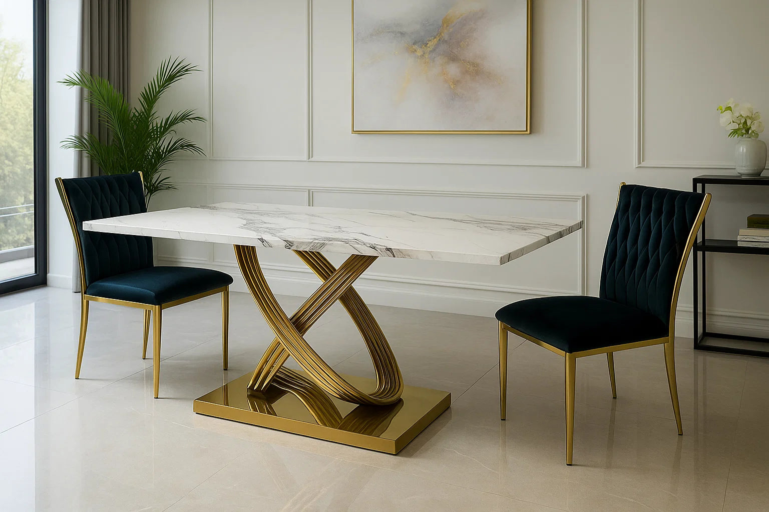Luxury marble dining table with sculptural gold base and emerald velvet chairs in an elegant contemporary interior.
