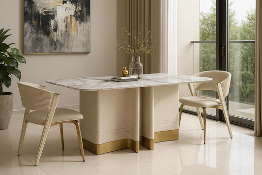 Luxury marble dining table with gold-accented base in an elegant modern interior.