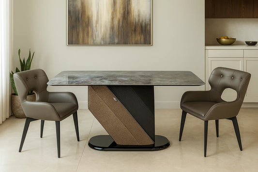 Luxury marble-top dining table with geometric pedestal and taupe leather chairs in modern interior