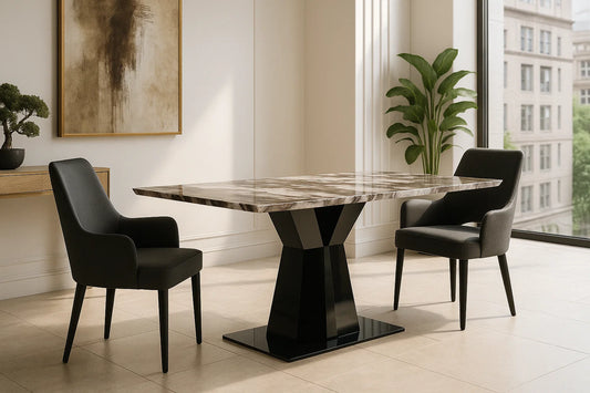 Luxury marble dining table with black Y-shaped base in elegant modern interior
