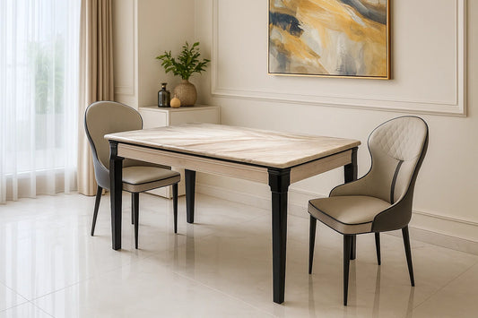 Luxury marble dining table with black legs in modern interior setting