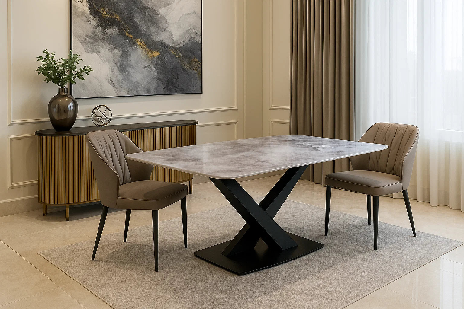 Modern marble dining table with black cross base and taupe upholstered chairs in luxury dining room.