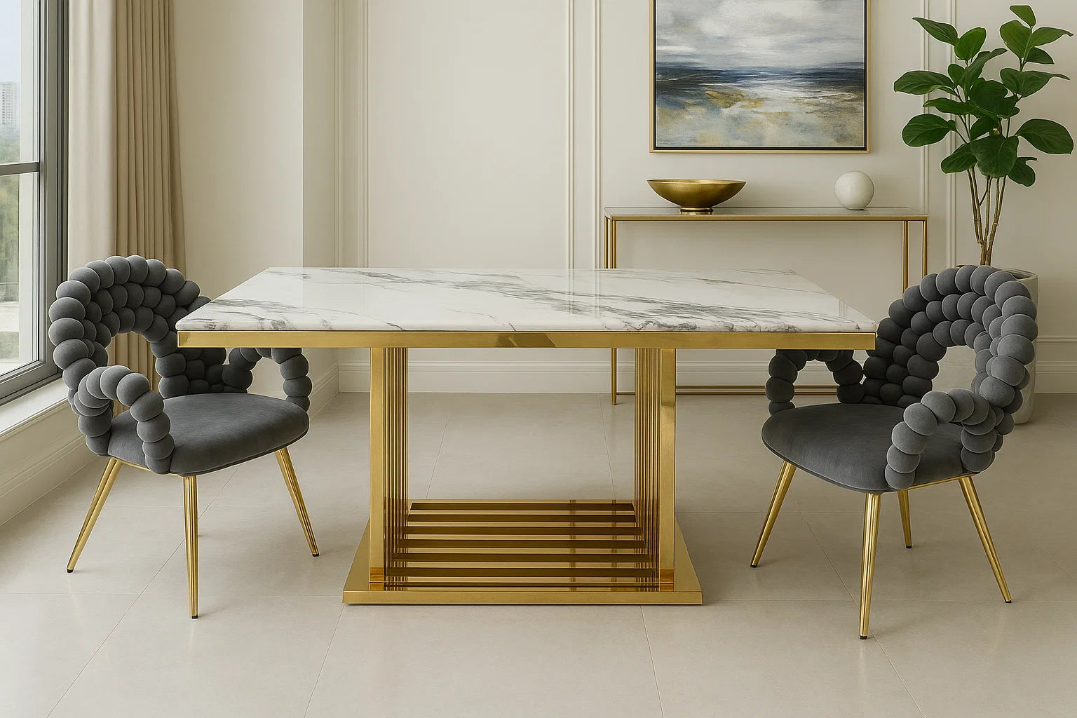 Dining table with marble top and gold legs in a modern room.