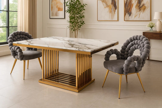 Luxury marble dining table with golden linear base in modern interior