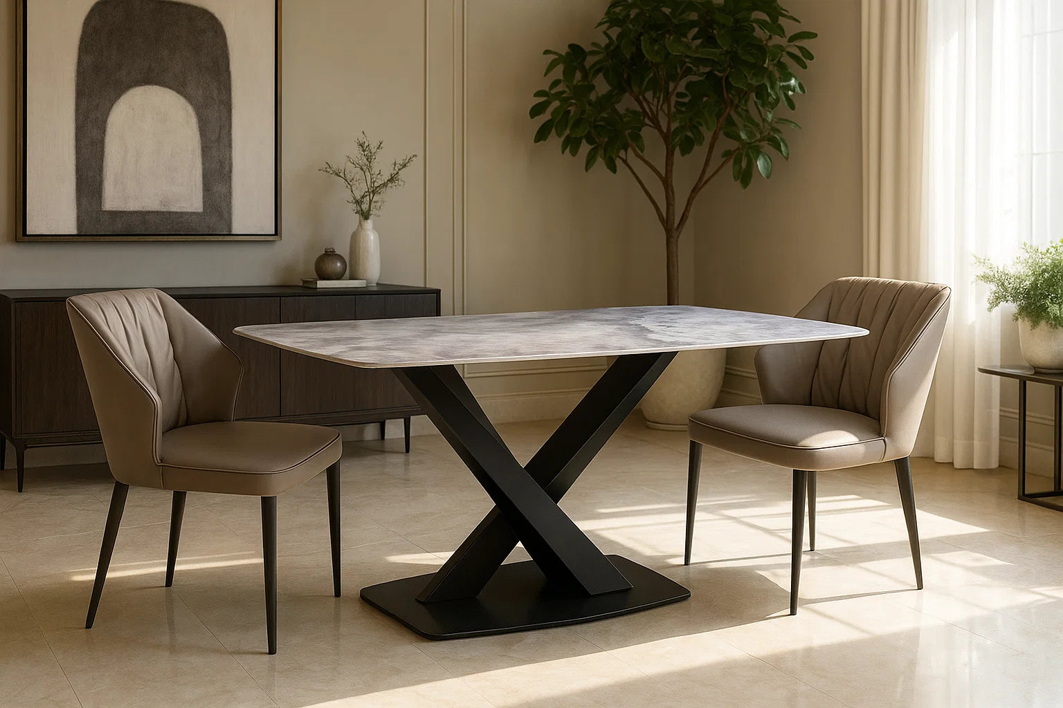 Dining room with a marble table and chairs in a well-lit room.