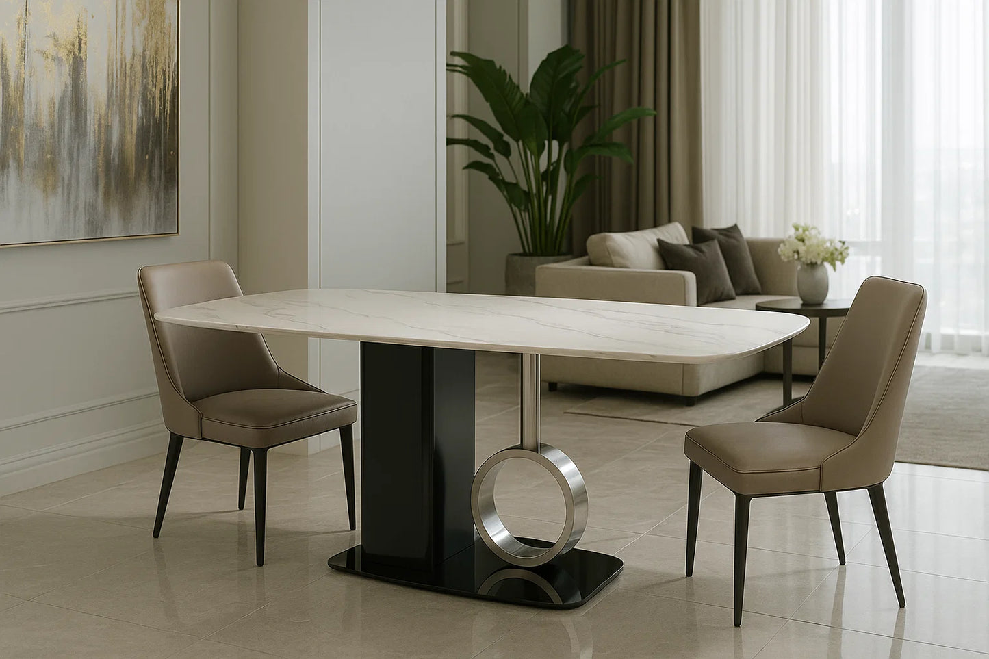 Modern dining table with chairs in a stylish living room setting