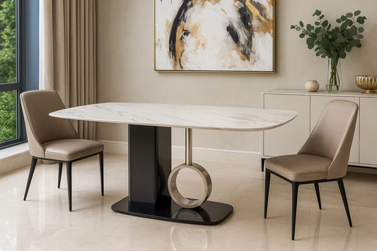 Oval marble dining table with black and silver ring base and beige chairs
