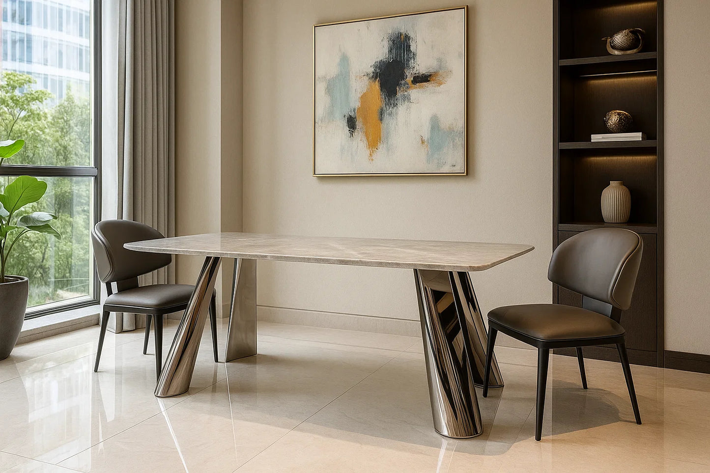Modern dining room with a sleek table and chairs, abstract art on the wall, and a plant.