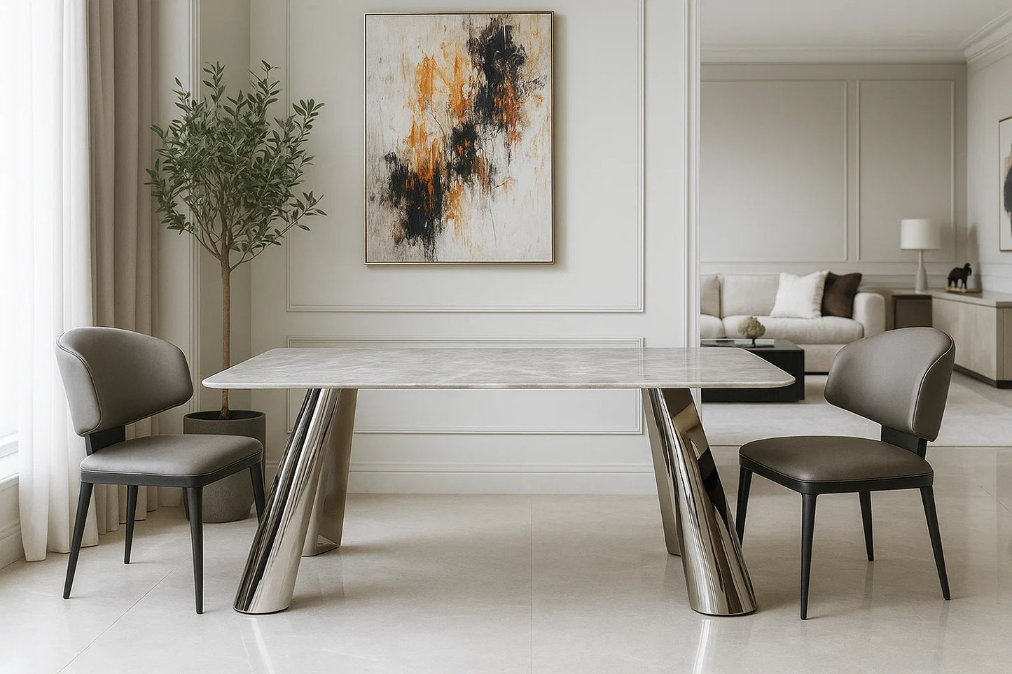 Luxury marble coffee table with angled metallic base and grey chairs in a refined modern living room.