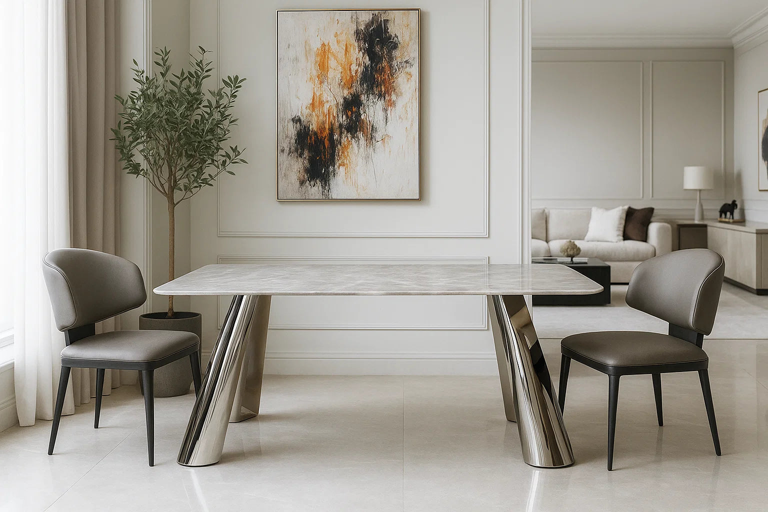 Luxury marble coffee table with angled metallic base and grey chairs in a refined modern living room.