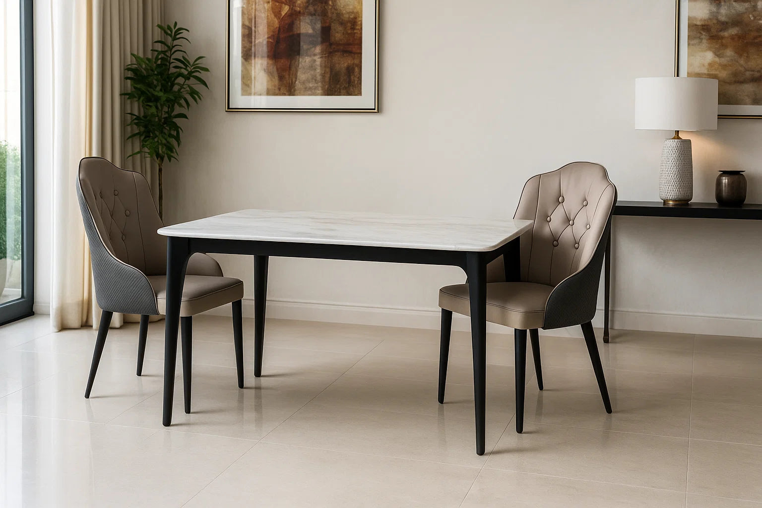 Dining room with a table and chairs in a modern interior setting.