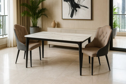 Luxury dining table with marble-finish top and tufted beige chairs in a modern minimalist interior.