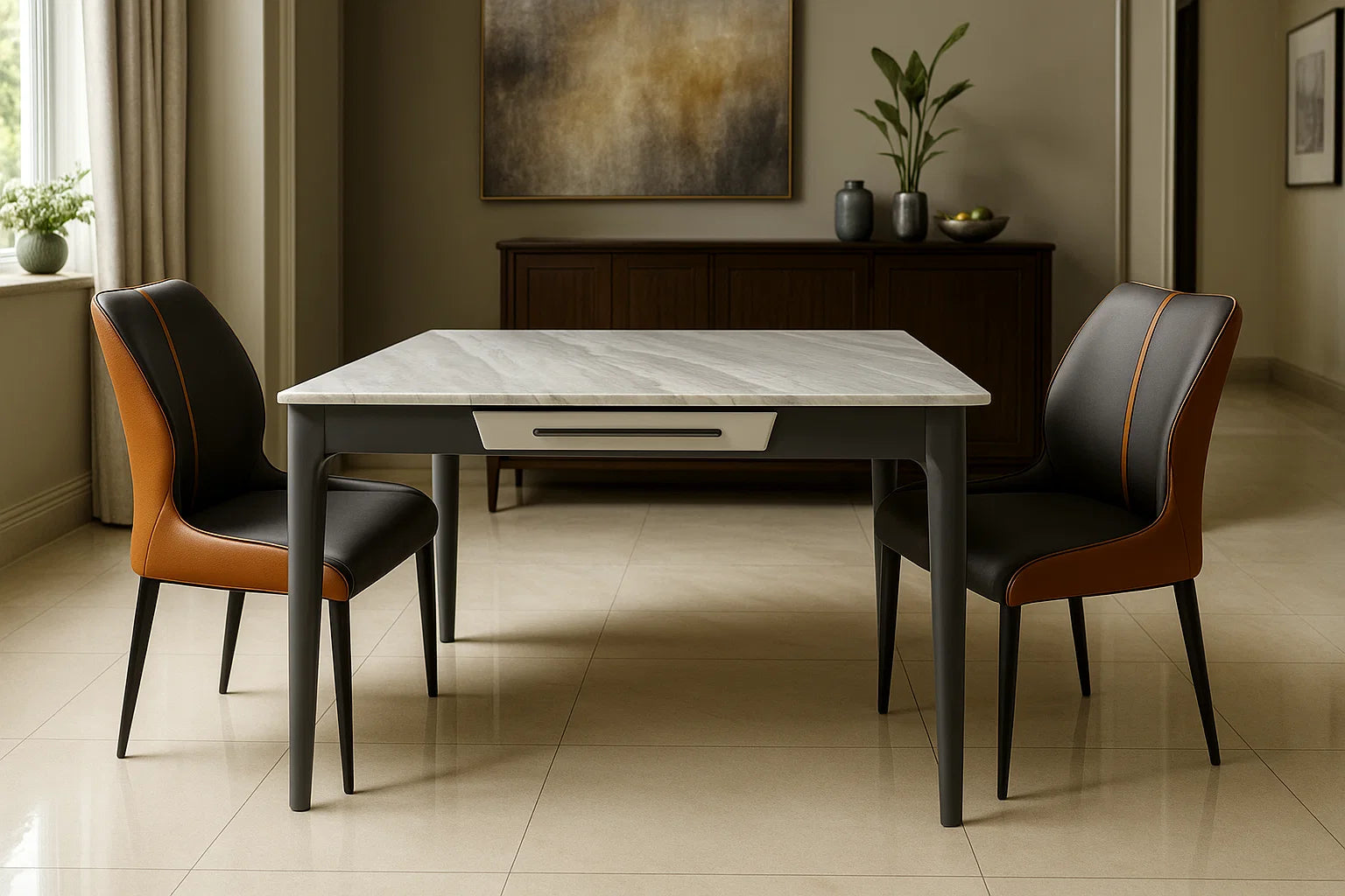 Luxury marble dining table set with square top and brown-black leather chairs in elegant interior