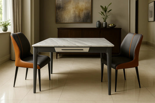 Luxury marble dining table set with square top and brown-black leather chairs in elegant interior