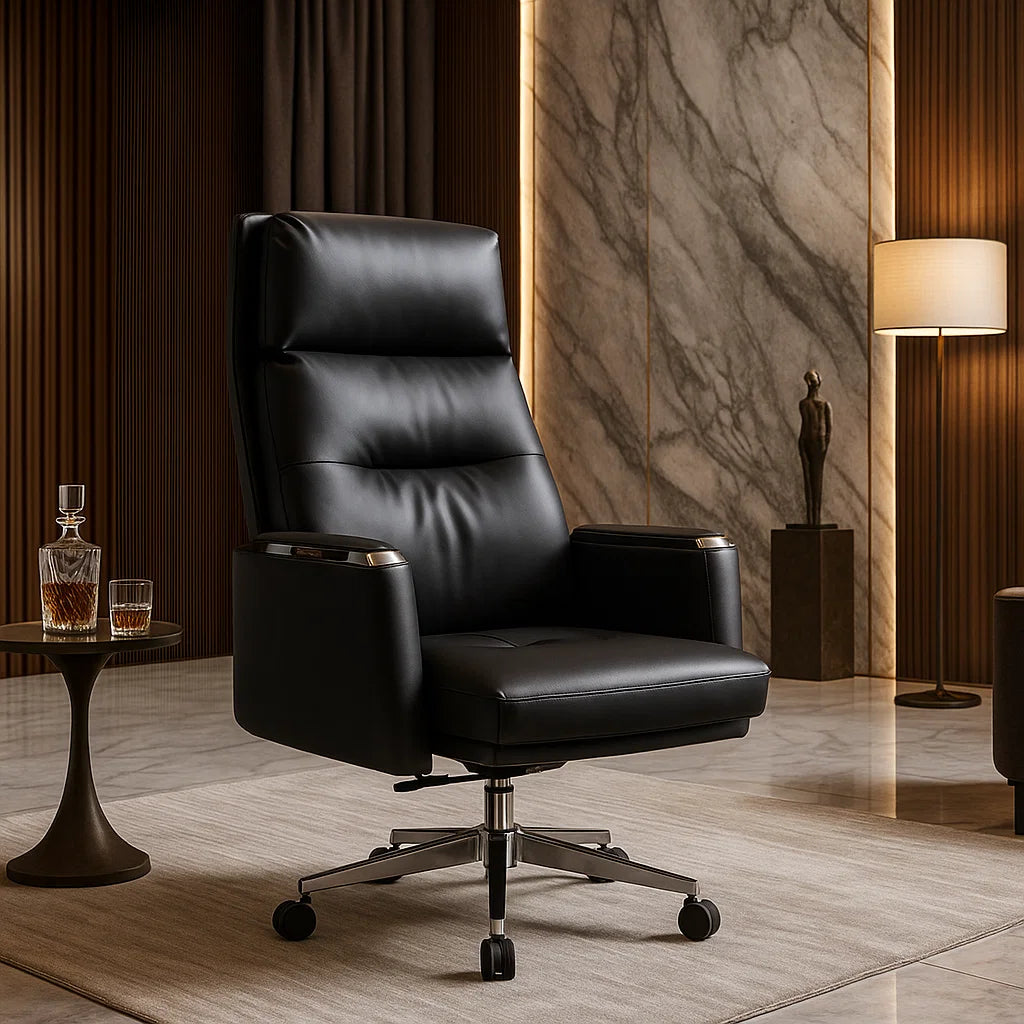 Black leather office chair in a luxurious room with marble wall and lamp.