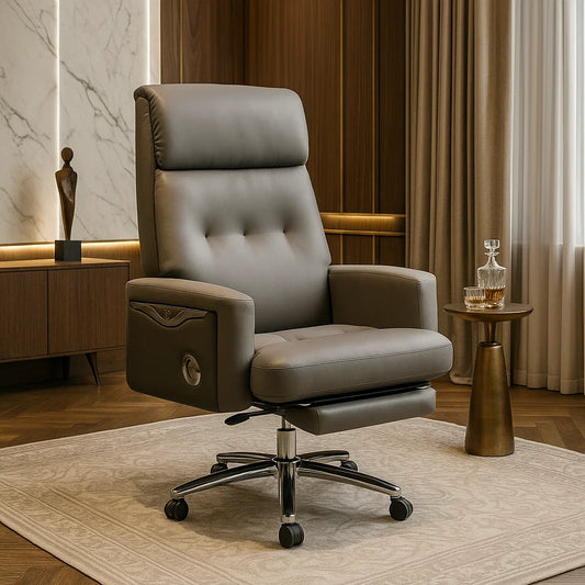 Gray leather office chair in a room with a side table and decorative items.