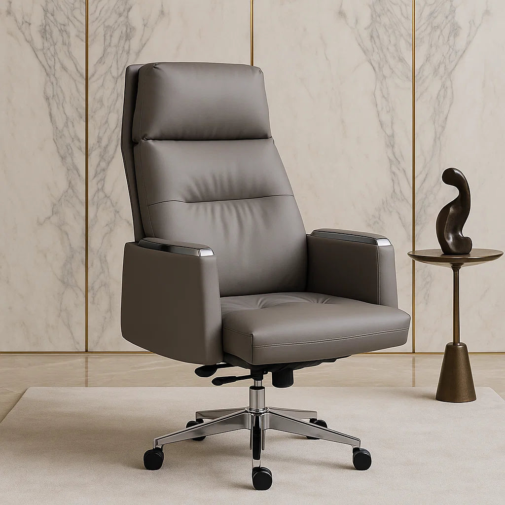 Luxury executive boss chair in grey leather with chrome base