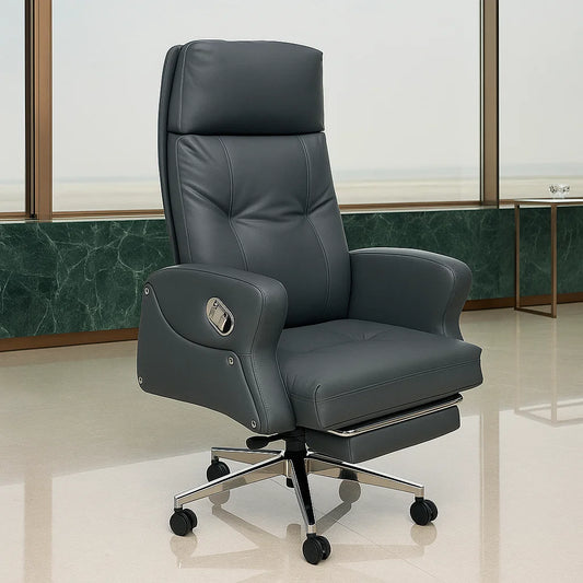 Gray office chair with reclining feature in a modern office setting