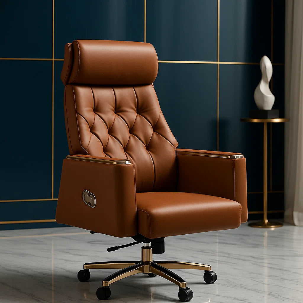 Brown leather office chair in a modern room with dark blue walls and a small table.