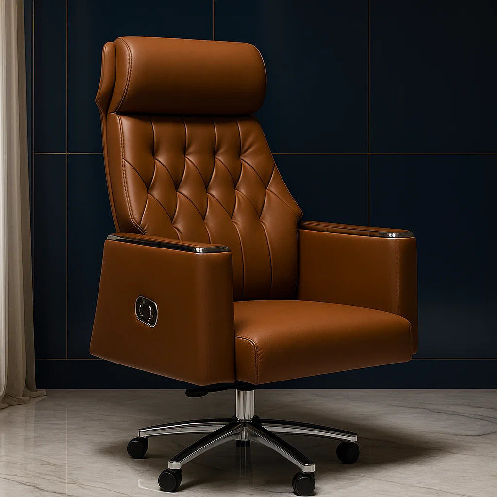 Brown leather office chair with tufted backrest in a room with dark tiled walls.