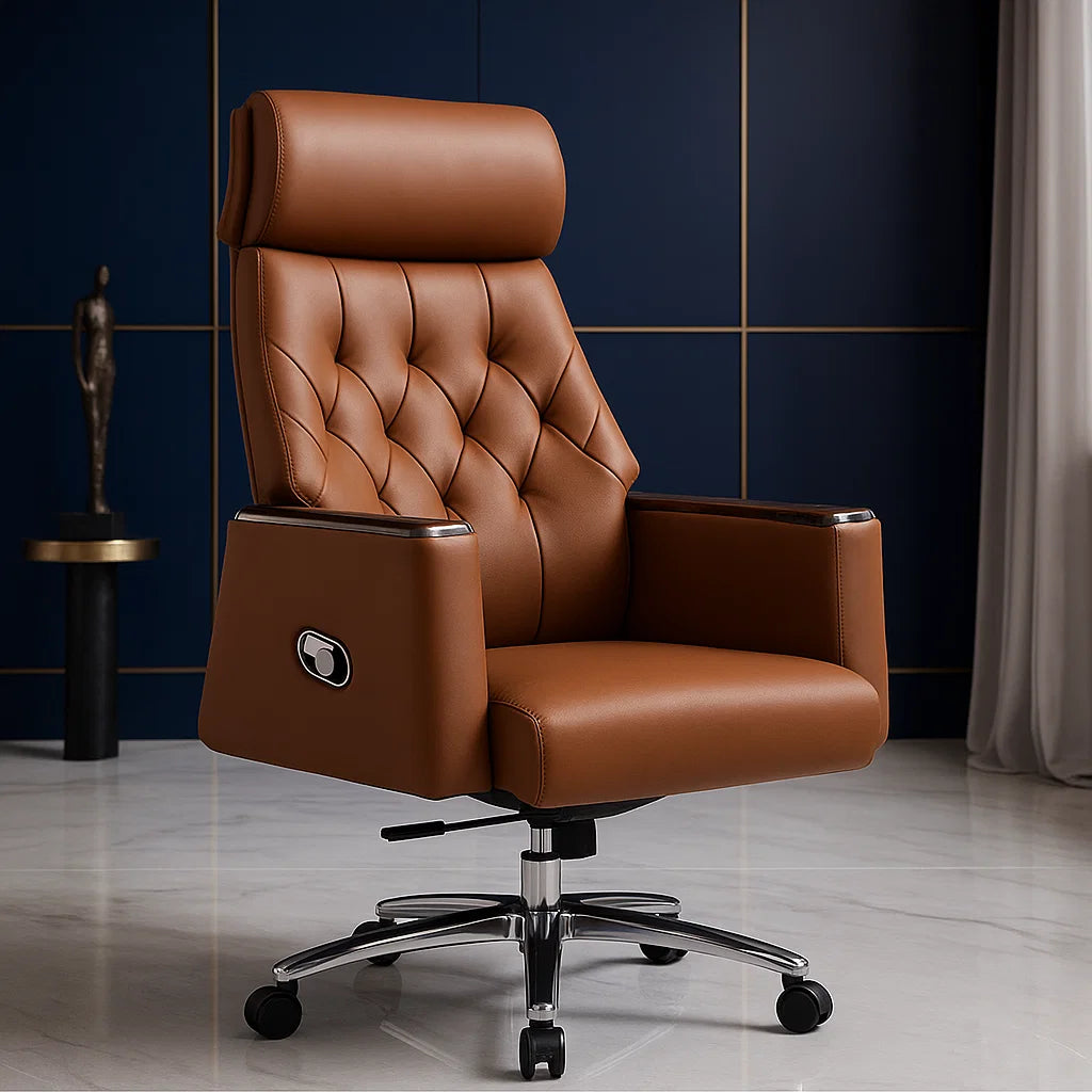 Brown leather office chair in a room with dark blue walls and a statue on a pedestal.