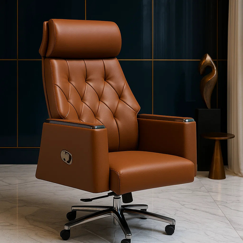 Brown leather office chair in a room with dark tiled walls and a small table.