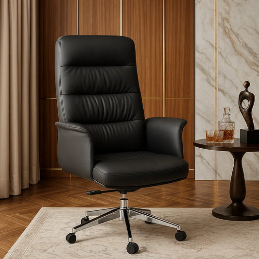 Luxury Black leather office chair in a room with wooden flooring and a side table.