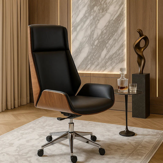 Luxury Black Leather Executive Chair with Walnut Wooden Frame