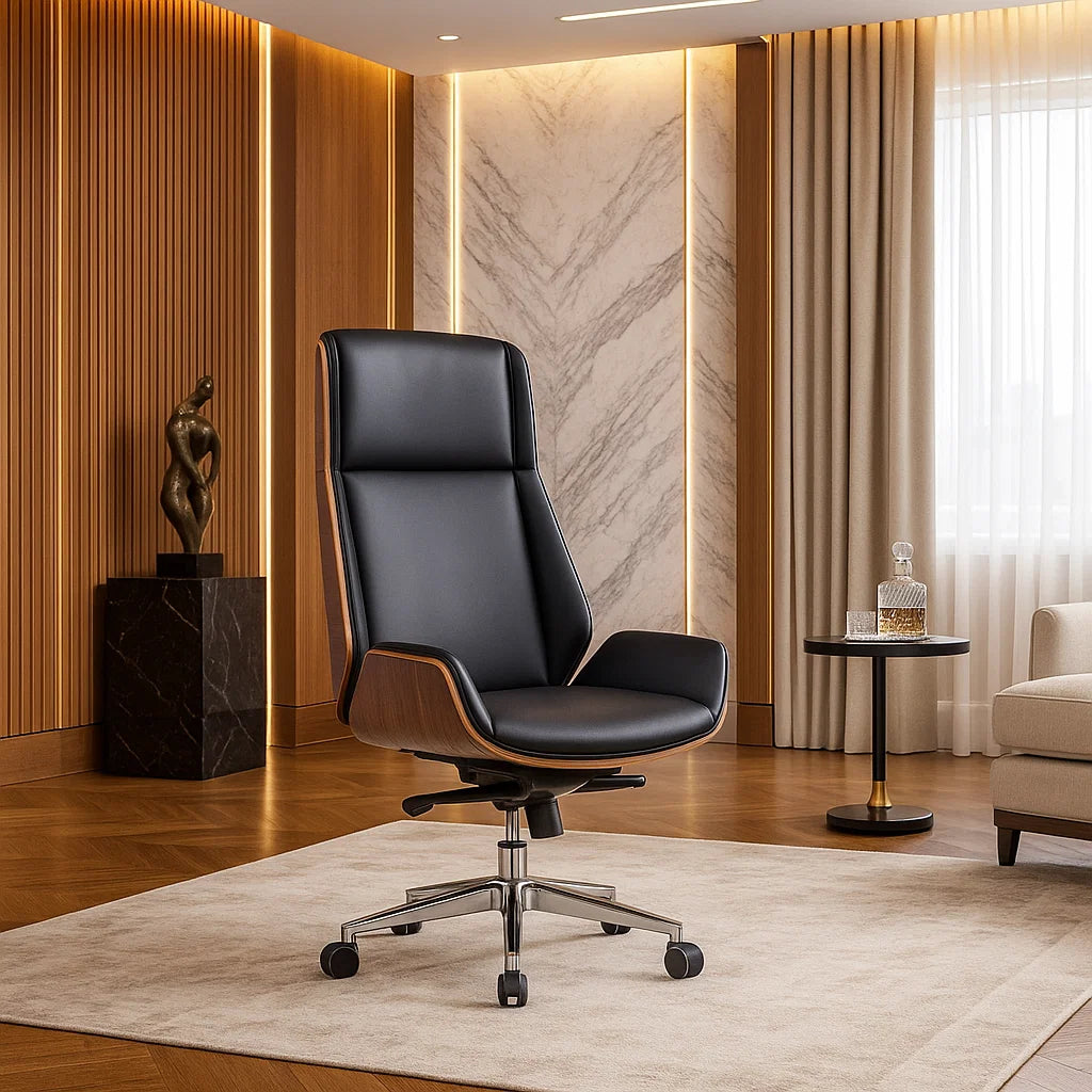 Modern black leather office chair in a stylish room with marble wall and curtains.