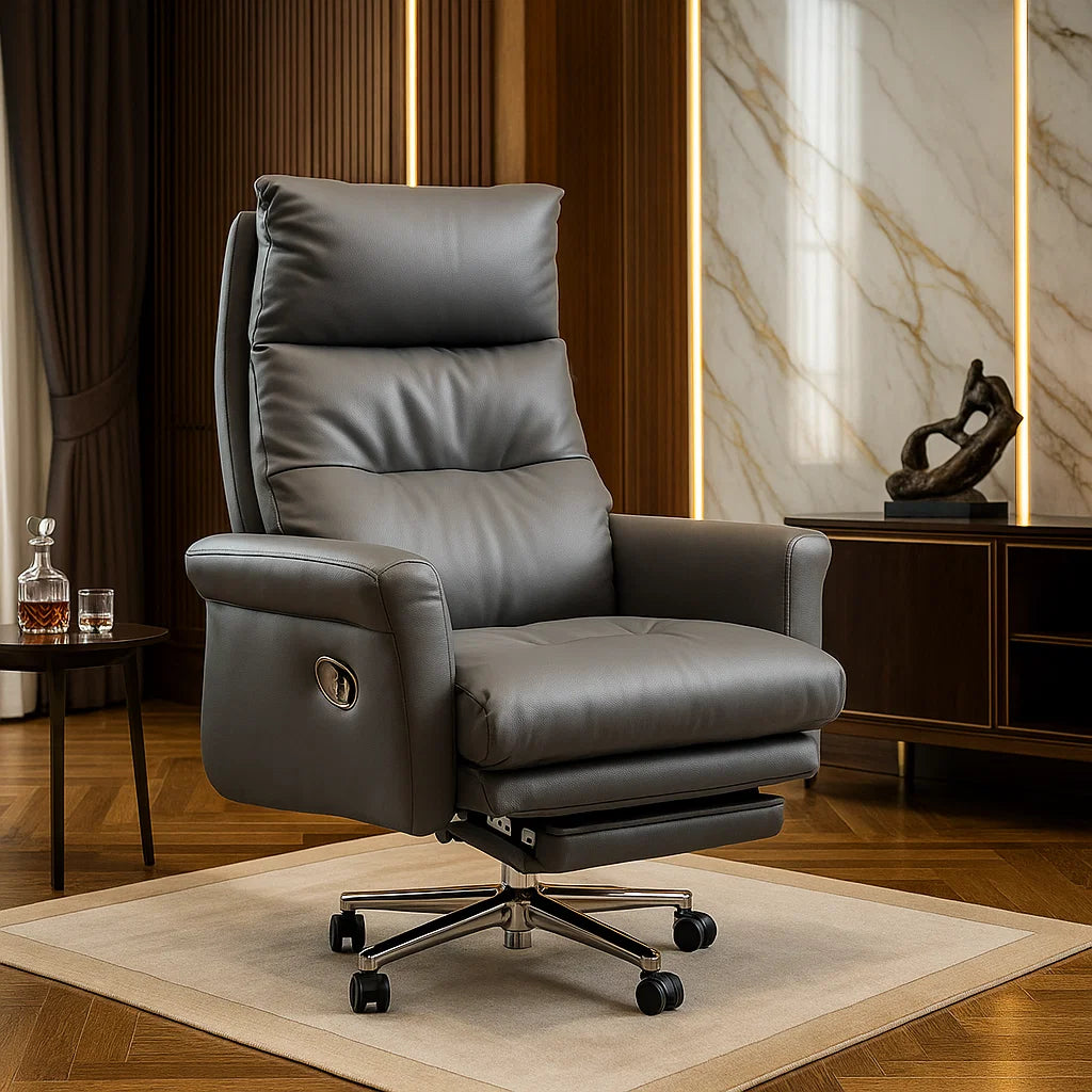 Gray leather recliner chair in a luxurious room with marble wall and wooden floor.