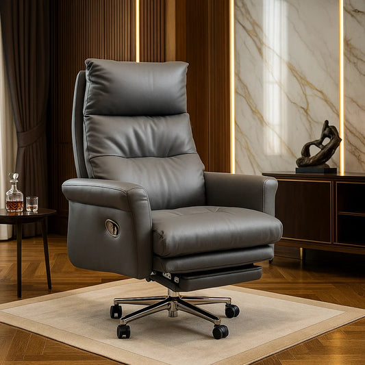 Gray leather recliner chair in a luxurious room with marble wall and wooden floor.