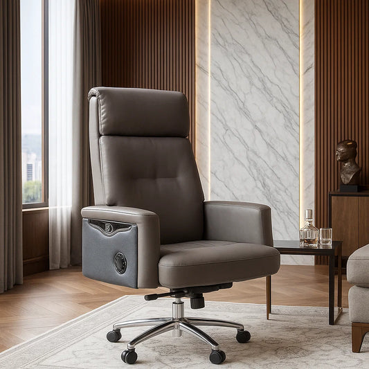 Brown leather office chair in a modern room with marble wall and window.