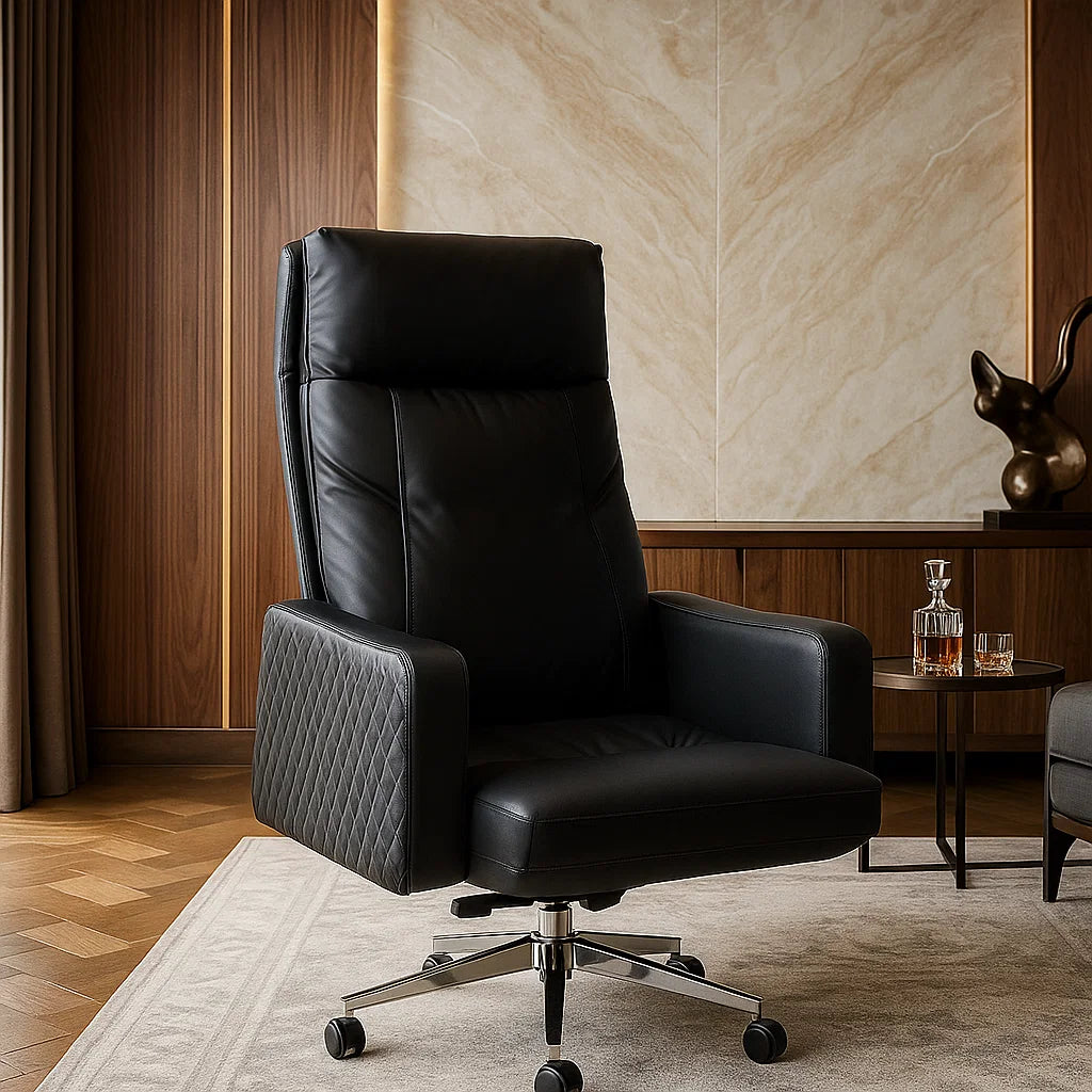 Black leather office chair in a stylish room with marble wall and wooden floor.
