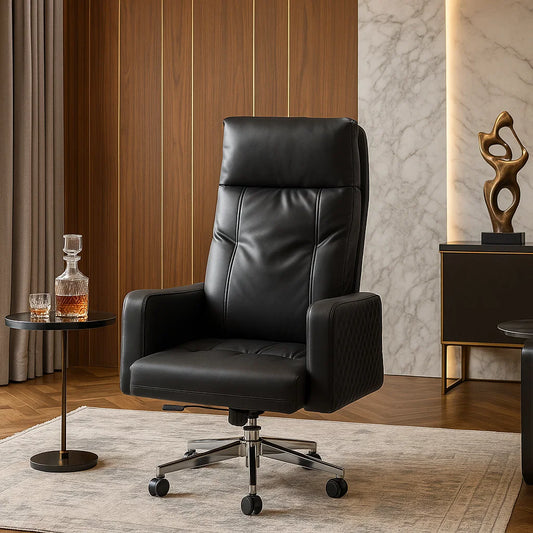 Black leather office chair in a stylish room with a side table and decorative sculpture.