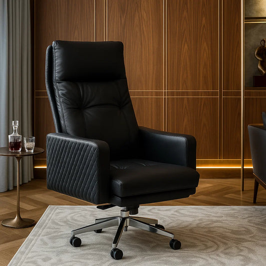 Black leather office chair in a modern room with wooden paneling.