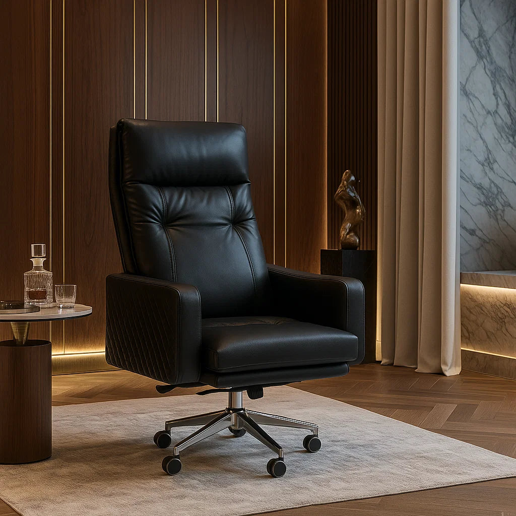 Black leather office chair in a modern room with wooden walls and marble accents.