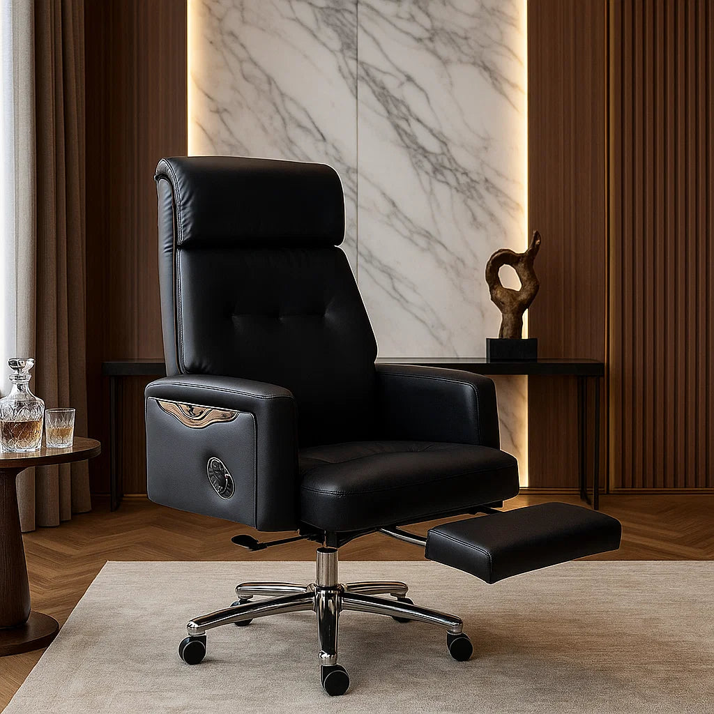 Black leather recliner chair with footrest in a modern room setting.