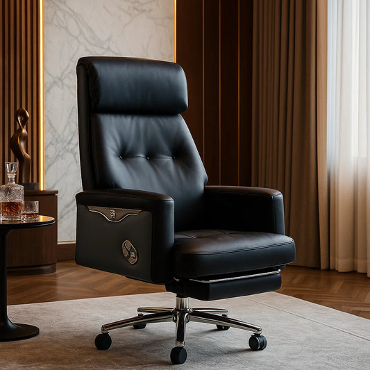 Black leather office chair in a room with curtains and a table.