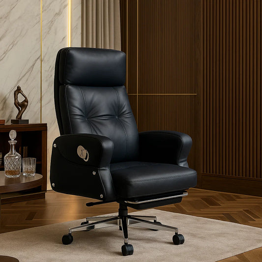 Black leather office chair in a room with wooden walls and a small table.