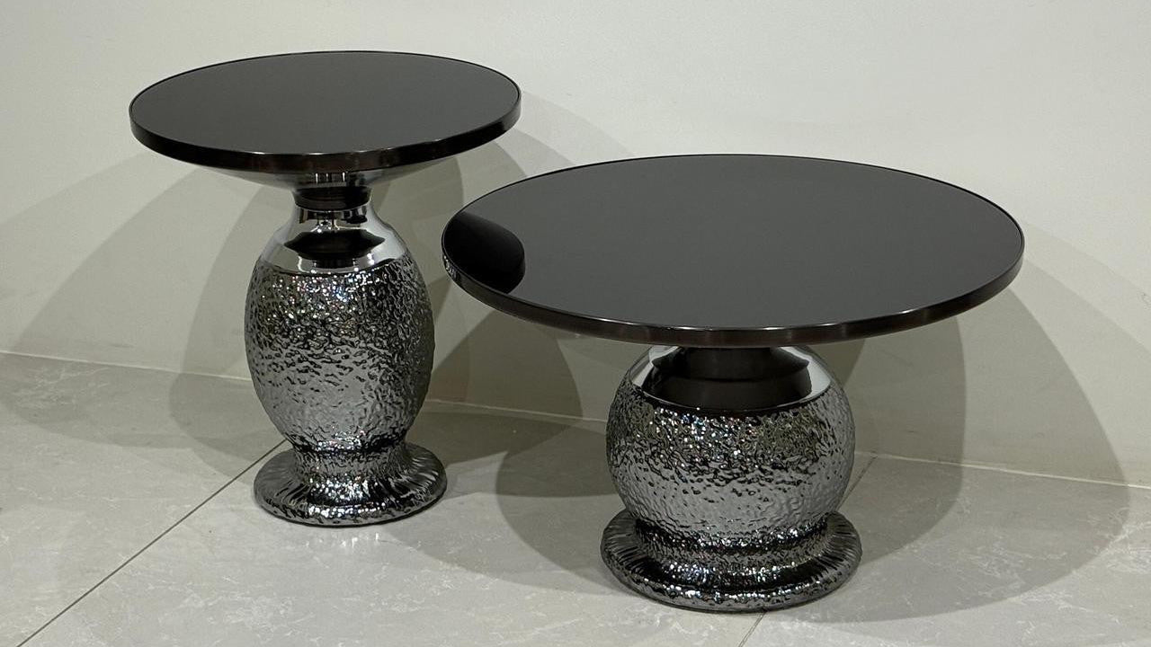 Luna Charcoal black center coffee table set, round black glass tops with artisanal hammered metallic bases, TAS Living

