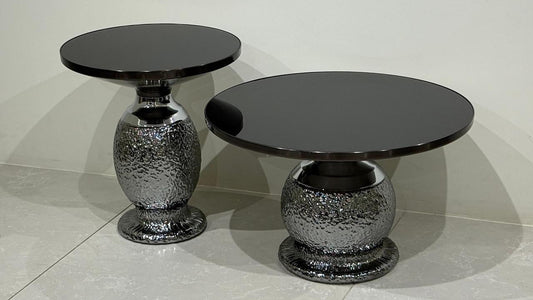 Luna Charcoal black center coffee table set, round black glass tops with artisanal hammered metallic bases, TAS Living

