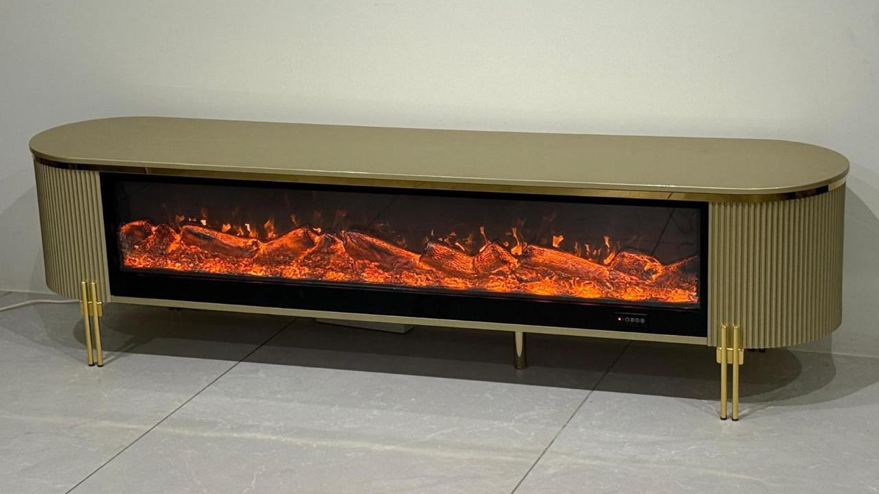 TV stand with LCD screen displaying fiery design on a plain background